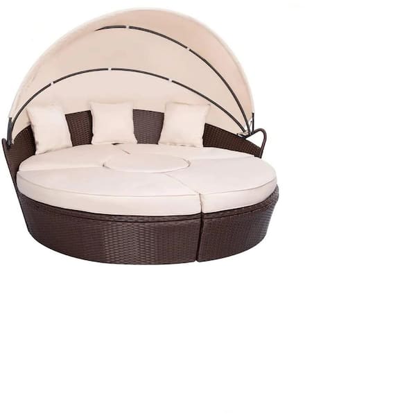 Sudzendf Brown Metal Outdoor Fabric Sectional Round Day Bed with Beige Cushions, with Retractable Canopy/Coffee Table