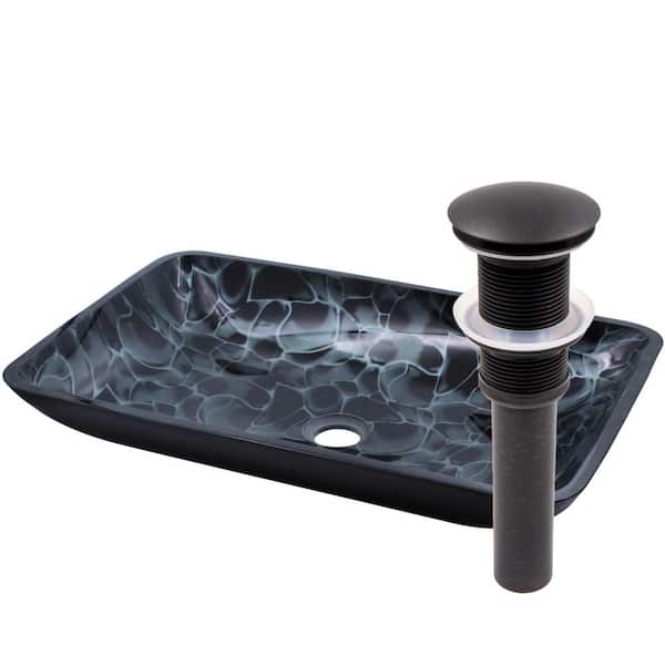 Novatto Cellule Hand Painted Black and Silver Glass Rectangle Vessel Sink with Drain in Oil-Rubbed Bronze