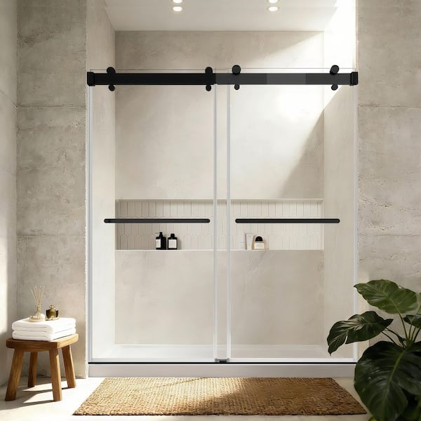 56 - 60 in. W x 72 in. H Double Sliding Frameless Shower Door in Matte Black Finish with 3/8 in. Clear Tempered Glass