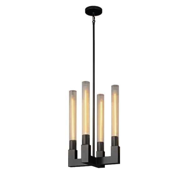 Gleam Flare Luxury Pendant Light 12.6 in. 4-Light Black Modern C andle Style Ch andelier with Glass Tube Dining Room Kitchen Isl and