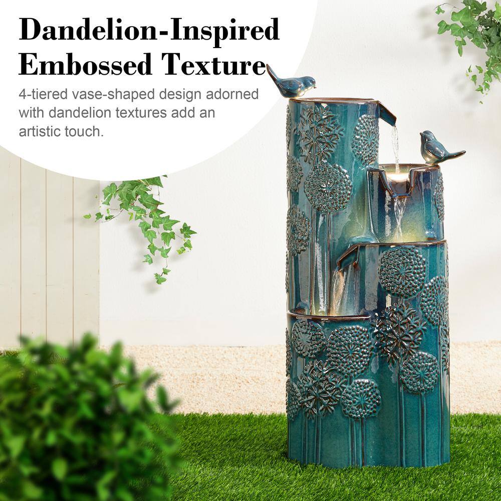 31.75" Turquoise Ceramic 4-Tier Outdoor Fountain with Birds and LED Lights