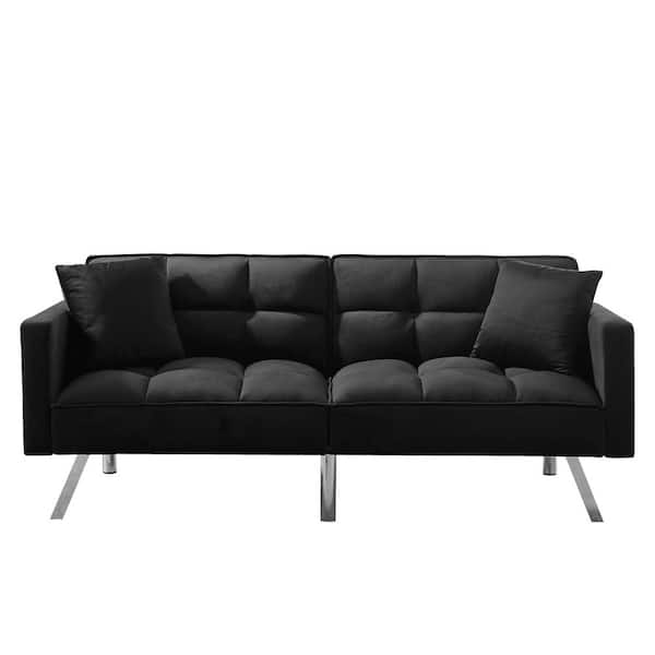 Unbranded 74 in. W Black Velvet Full Futon Sofa Bed with 2 Pillows