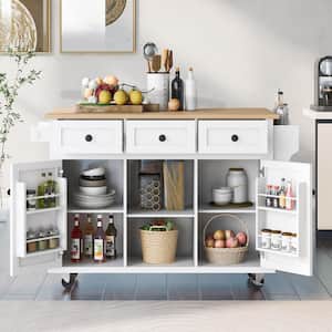 White Rubber wood Top Rolling 53.10 in. W Kitchen Island with 5-Wheels and 3-Drawers