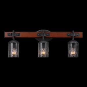 Kingston 24 in. 3-Light Dark Faux Wood Vanity Light with Galvanized Metal Accents and Clear Seeded Glass Shades