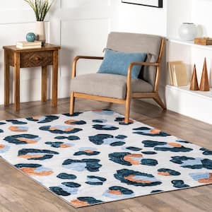 Serina Modern Leapord Machine Washable Blue Doormat 3 ft. x 5 ft. Accent Rug