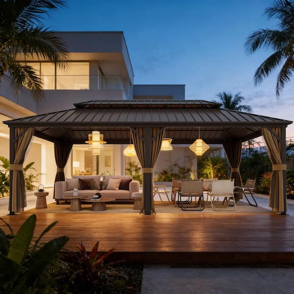 12 ft. x 22 ft. Outdoor Hardtop Gazebo with Double Roof, Galvanized Steel Frame, Mesh and Curtains