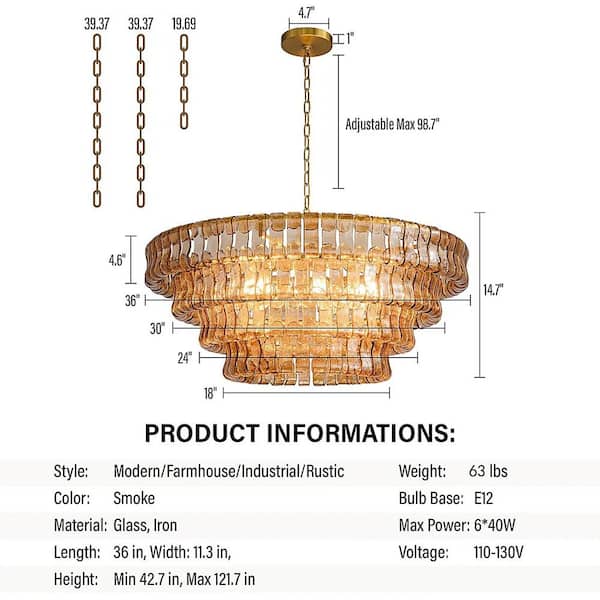 Modern Chandelier 36 in. 6-Lights Gold Crystal Drum Chandelier for Dining Room, Living Room, Kitchen Island, Foyer