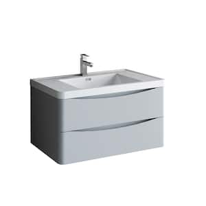 Tuscany 36 in. Modern Wall Hung Vanity in Glossy Gray with Vanity Top in White with White Basin
