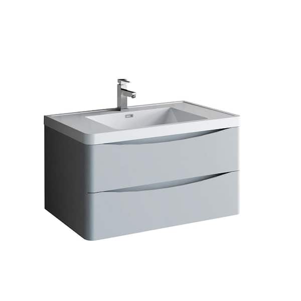 Fresca Tuscany 36 in. Modern Wall Hung Vanity in Glossy Gray with Vanity Top in White with White Basin