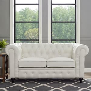 67 in. White Chesterfield Faux Leather 2-Seat Loveseat with Rolled Arms