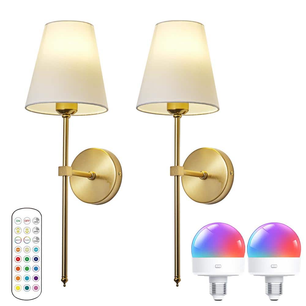 6.3 in. 1-Light RGB Wireless Wall lamp, Battery Operated Gold Wall Sconce with Fabric Shade, Bulb Included (Set of 2) price history on PriceWatchPro