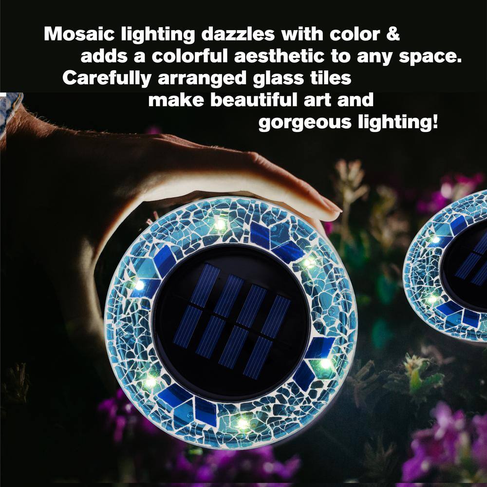 Blue Mosaic Solar Powered LED Disk Lights Set of 4