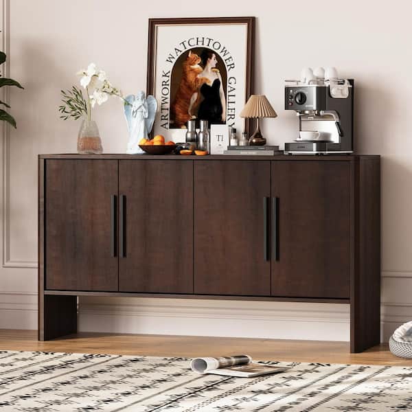Harper & Bright Designs Espresso MDF 59 in. Storage Cabinet Sideboard with Adjustable Shelves and 4 Doors, Long Handles