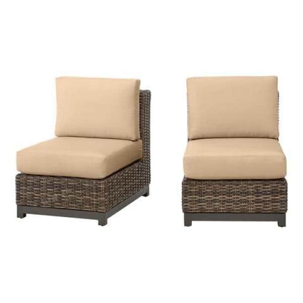 Hampton Bay Fernlake Brown Wicker Armless Middle Outdoor Patio Sectional Chair with Sunbrella Beige Tan Cushions (2-Pack)