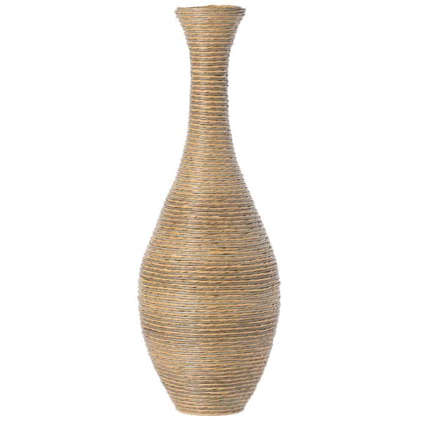 Set of 2 38-inch-Tall Bottle Round Shape Artificial Rattan PVC Plastic Floor Vase Beige-Statement Piece for Living Room