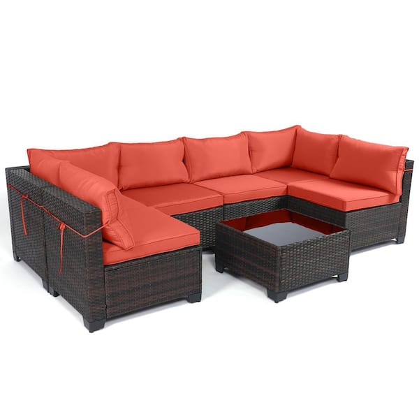 LeveLeve 7-Pieces Outdoor Patio Furniture Sets, Wicker Patio Sofa, Rattan Conversation Sectional Set with Tea Table Orange Red