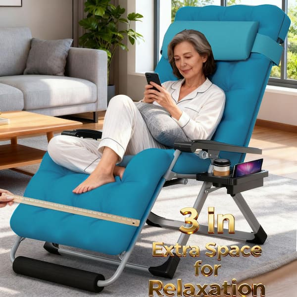 29 in.W Oversized Zero Gravity Chair Metal Outdoor Chaise Lounge with Light Blue Removable Cushion and Headrest