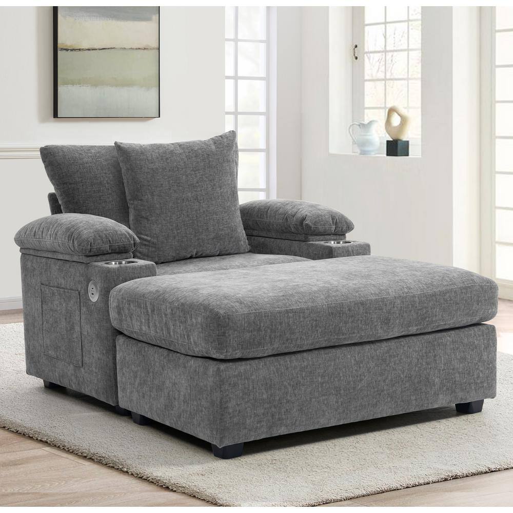 Oversized Gray Chenille Square Arm Chaise Lounger with Pillow, Charge Station, 2-Cup Holders, Storage Armrest