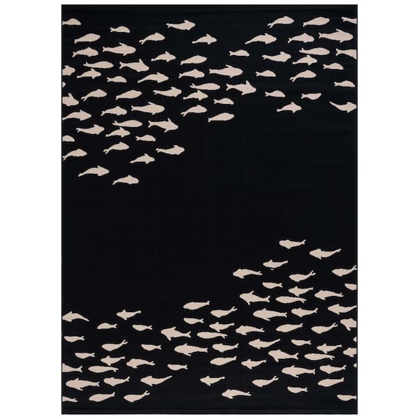 Courtyard Black/Beige 8 ft. x 11 ft. Aquatic Indoor/Outdoor Area Rug