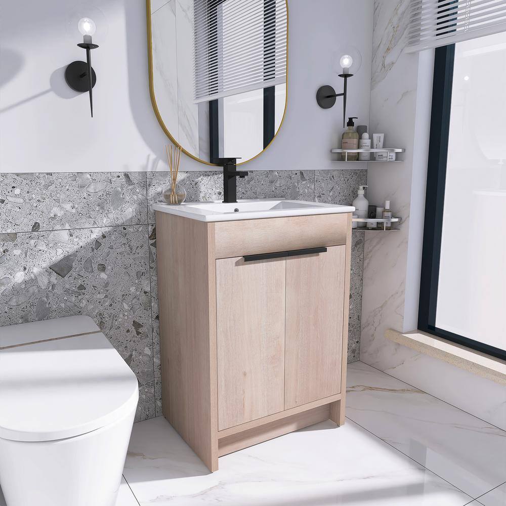 Freestanding Light Oak Plywood Bathroom Vanity with White Ceramic Sink