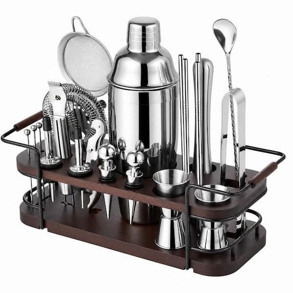 Wudkey 24-Piece Cocktail Shaker Set Bartender Kit with Stand, Martini Shaker, Jigger, Muddler for Home Bar Cocktails in Silver