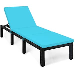 6-Positions Patio Rattan Cushioned Adjustable Height Outdoor Lounge Chair with Blue Cushion