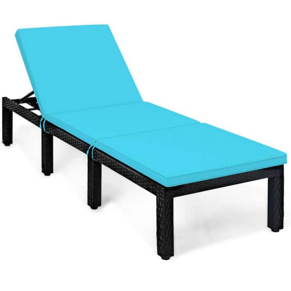 Clihome 6-Positions Patio Rattan Cushioned Adjustable Height Outdoor Lounge Chair with Blue Cushion