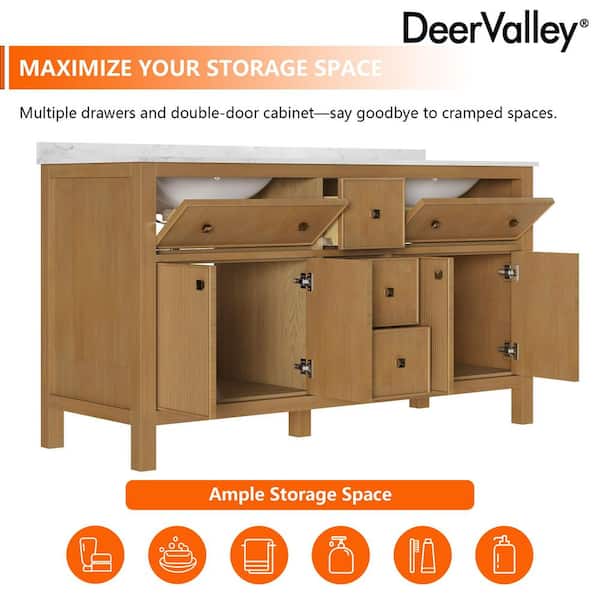 60 in. Double Sink Freestanding Bath Vanity in Walnut Mid Century Wood with White Cultured Marble Top（Assembled）