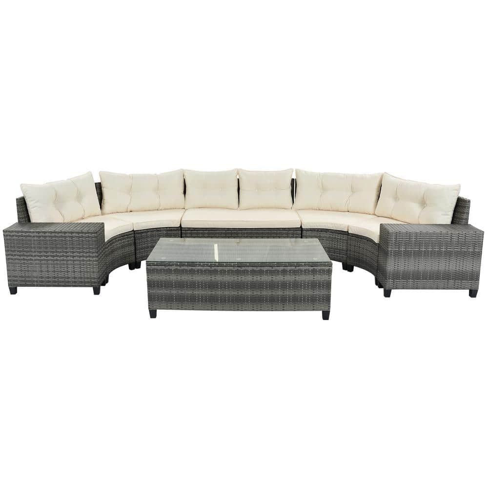 8-Pieces Wicker Patio Conversation Set, Half-Moon Round Sectional Sets All 