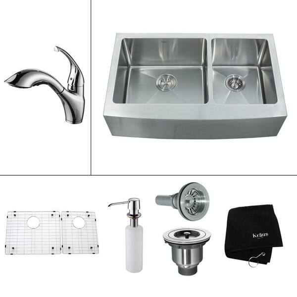 KRAUS All-in-One Farmhouse Apron Front Stainless Steel 35.9 in. 0-Hole Double Bowl Kitchen Sink with Chrome Accessories
