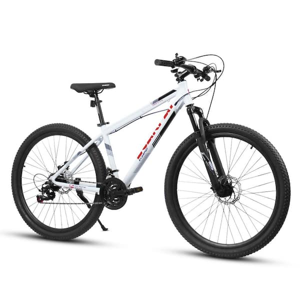 27 in. Mountain Bike 21 Speed Suspension Fork White Aluminum Frame Disc Brake Mountain Biking for Both Men and Women