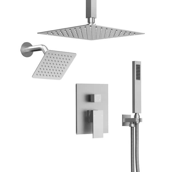 3-Spray Patterns Square Wall Mount Shower Head with Handheld Shower Head and 2.5 GPM in Brushed Nickel