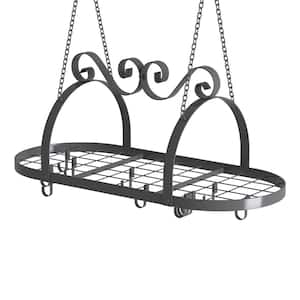 33 in. Pots and Pans Hanging Rack, Black Oval Ceiling Pot Rack with Grid, Metal Pan Rack Hanging Organizer with Hooks