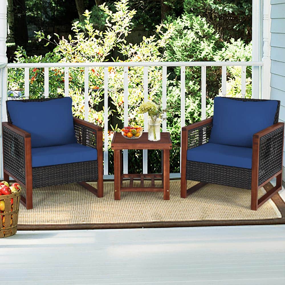 3-Pieces Acacia Wood Outdoor And Rattan Patio Furniture Set with Coffee Tab