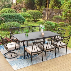 Black 9-Piece Metal Patio Outdoor Dining Set with Extensible Carve Pattern Table and Swivel Chairs with Beige Cushion