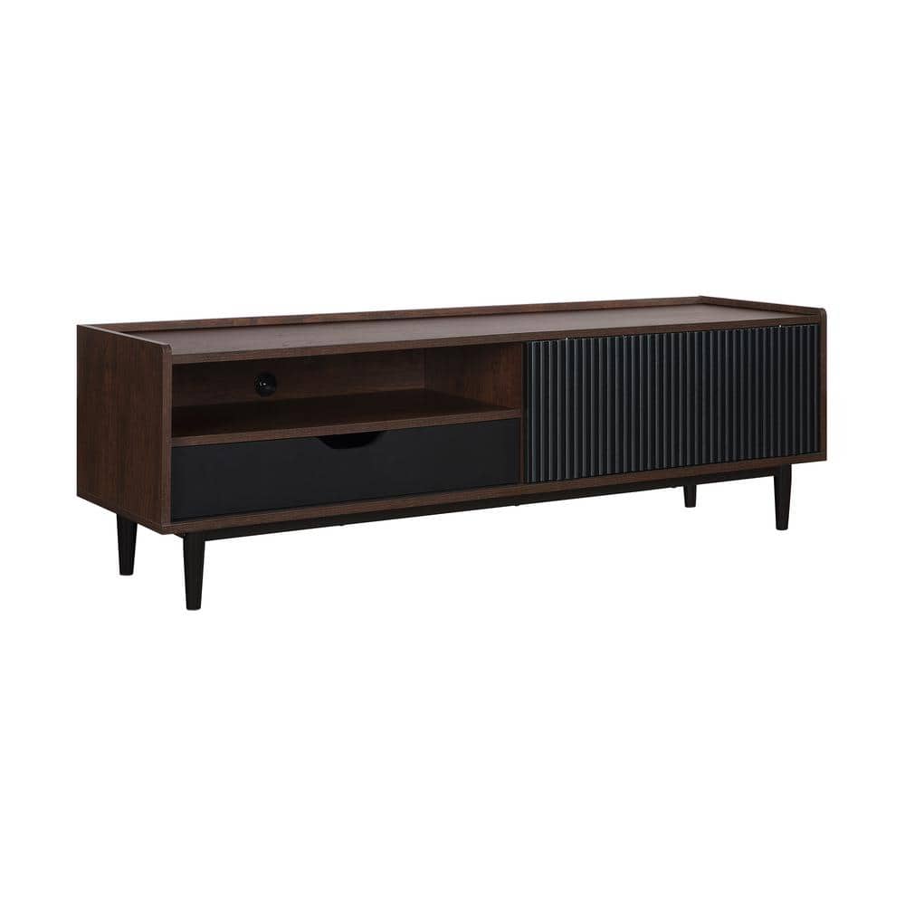 Duane Dark Brown and Black Ribbed TV Stand with Iron Legs