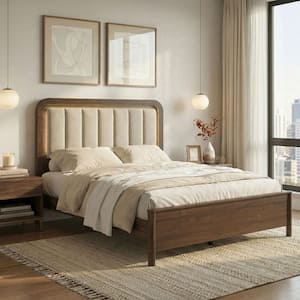 Obie Walnut Brown Wood Frame Upholstered King Panel Bed with LED Warm Light