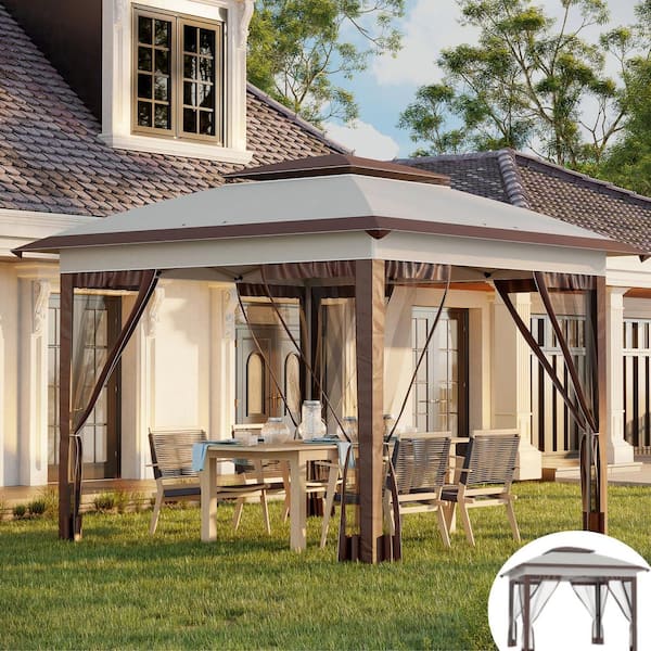 12 ft. x 12 ft. Pop Up Canopy Tent with Netting and Carry Bag, Instant Sun Shelter with 137 sq. ft. Shade, Beige, Brown