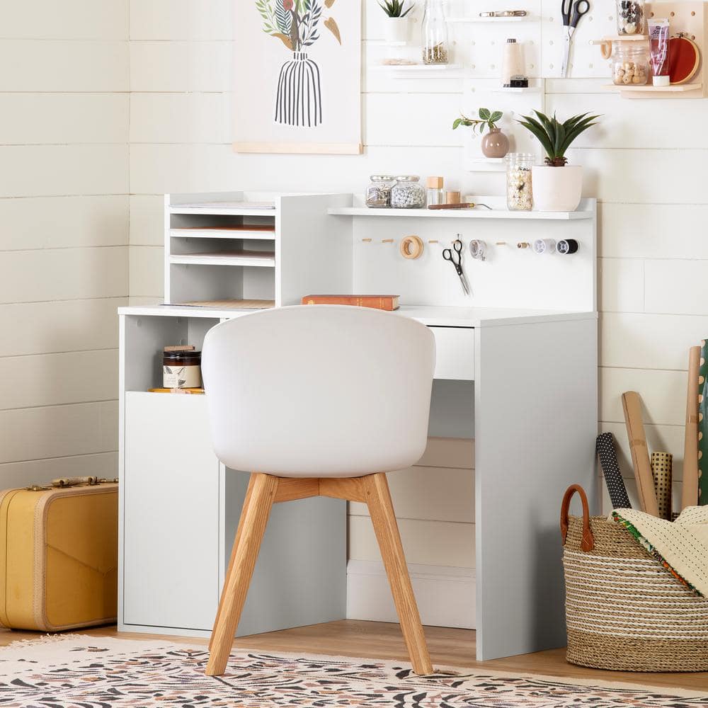 White Wood Craft Desk with Hutch and Filing Cabinet