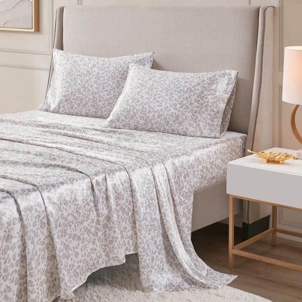 MADISON PARK ESSENTIALS Printed Satin 4-Pcs Taupe Leopard Queen Polyester Sheet Set