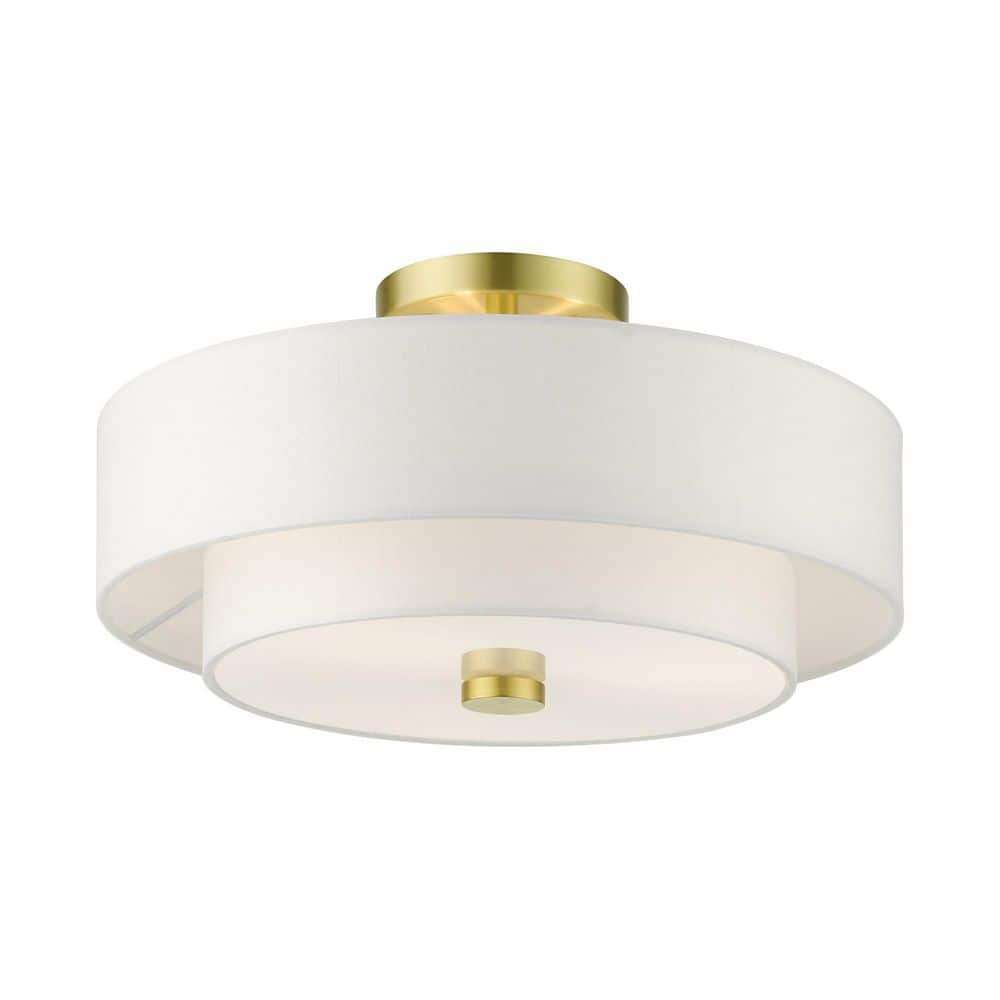 Satin Brass Modern 3-Light Semi-Flush Drum Light with Off-White Shade