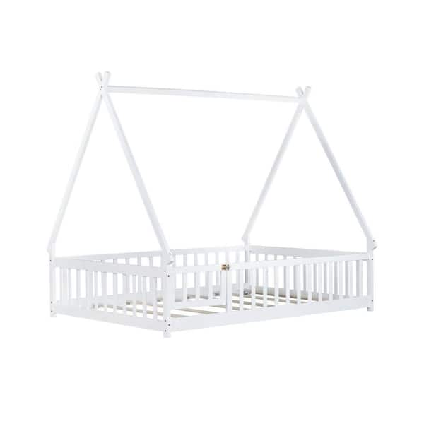 Misty White Full Size Wooden Tent-Shaped Kids Floor Platform Bed with Guardrails and Door