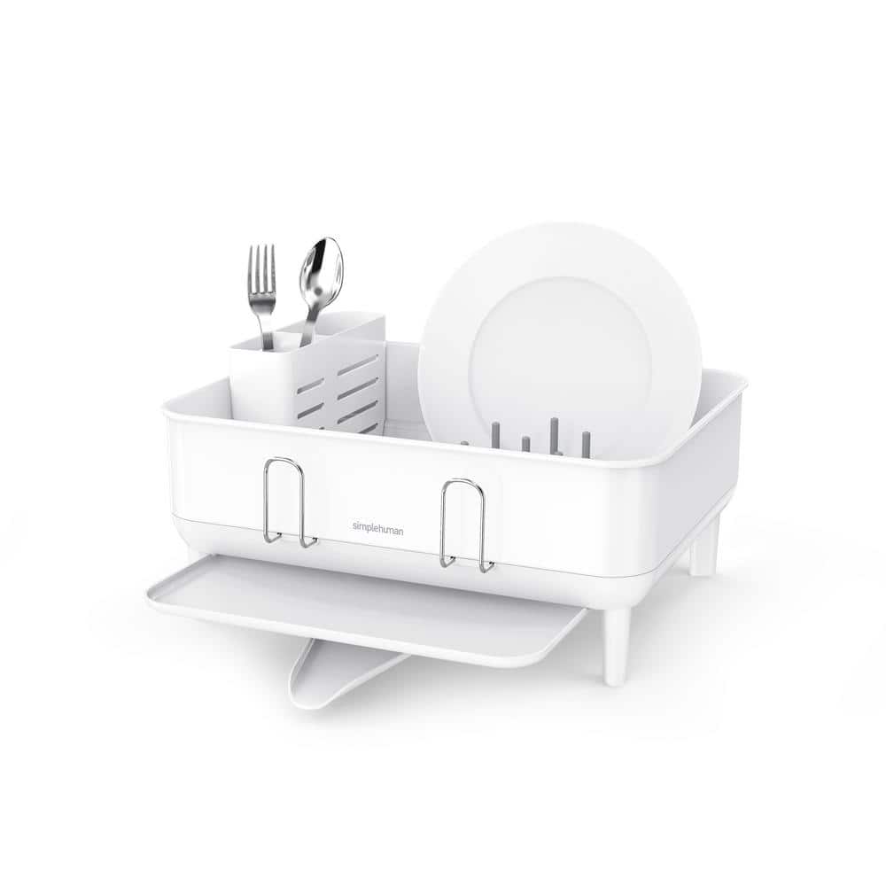 Compact White Steel Dish Drying Rack with Swivel Spout
