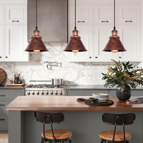 Barn 1-Light Antique Copper Cone Mini Pendant Light with Bell Metal Shade Dimmable Adjustable Barn Hanging Light(3-PCS)