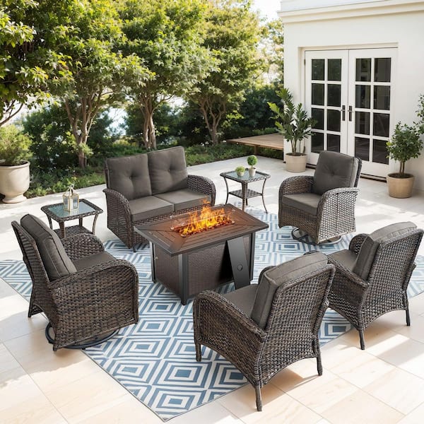 Omira Brown 7-Piece Wicker Outdoor Glider Chair Patio Deep Seating with Rectangular Fire Table and Gray Cushions