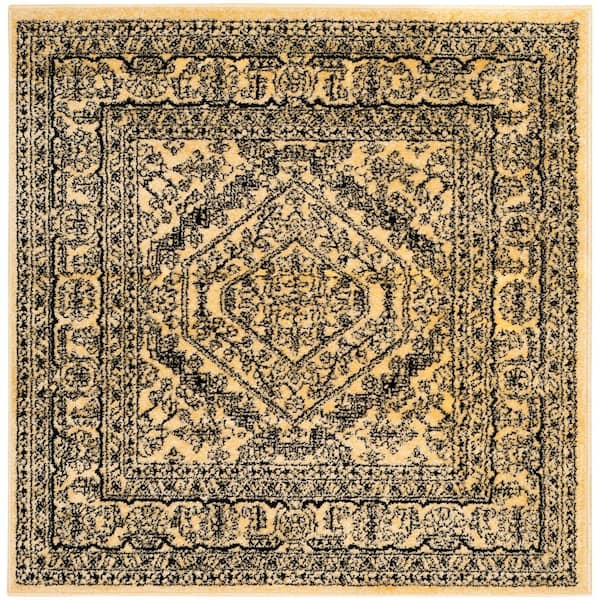 Adirondack Gold/Black 4 ft. x 4 ft. Border Medallion Square Area Rug