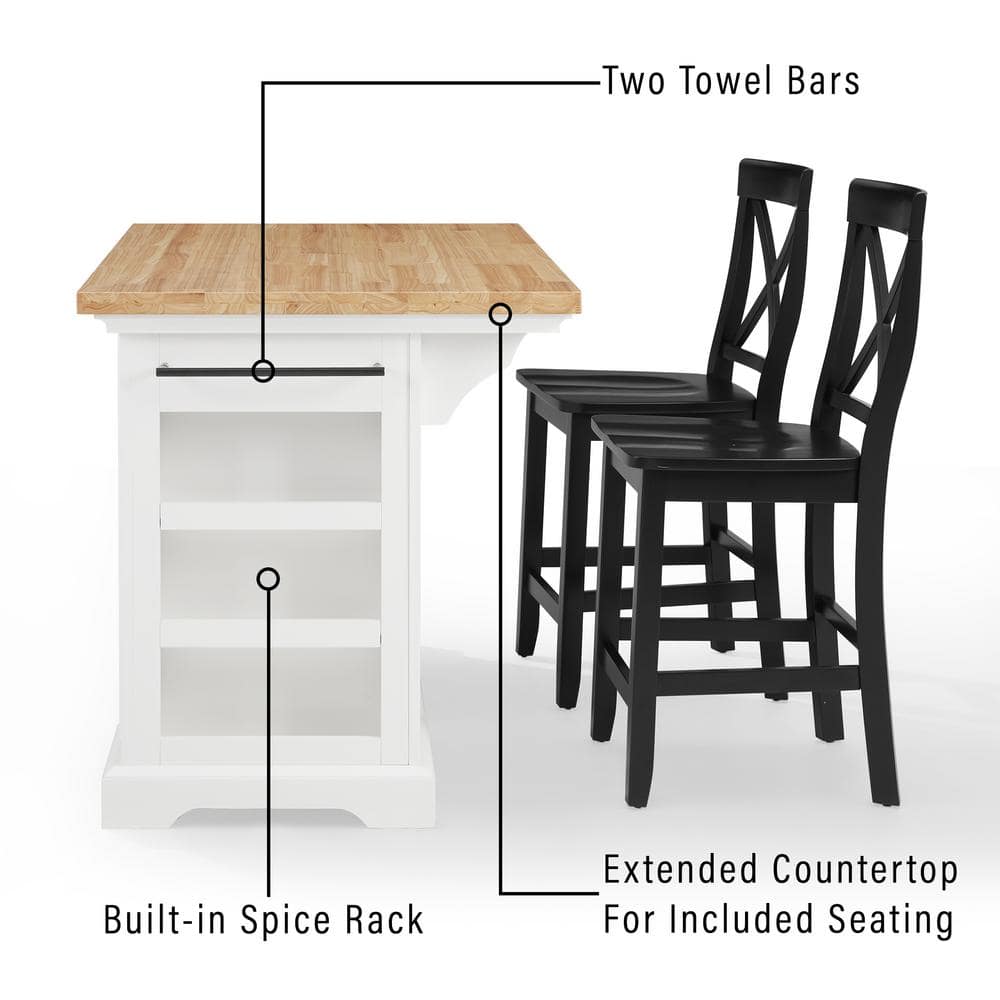 Julia 50'' White Kitchen Island Set with 2 X-Back Stools