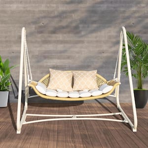 2-Person White Steel Frame Wicker Patio Swing with White Cushion