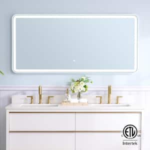 BONIE 60 in. W x 28 in. H Large Rectangular Framed Anti-Fog LED Wall Bathroom Vanity Mirror in White