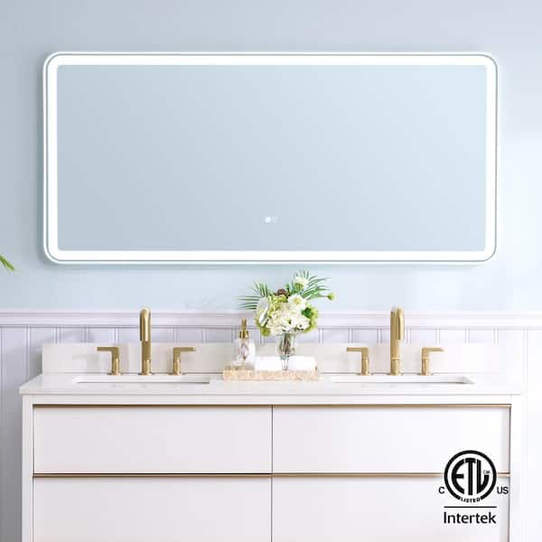 WELLFOR BONIE 60 in. W x 28 in. H Large Rectangular Framed Anti-Fog LED Wall Bathroom Vanity Mirror in White